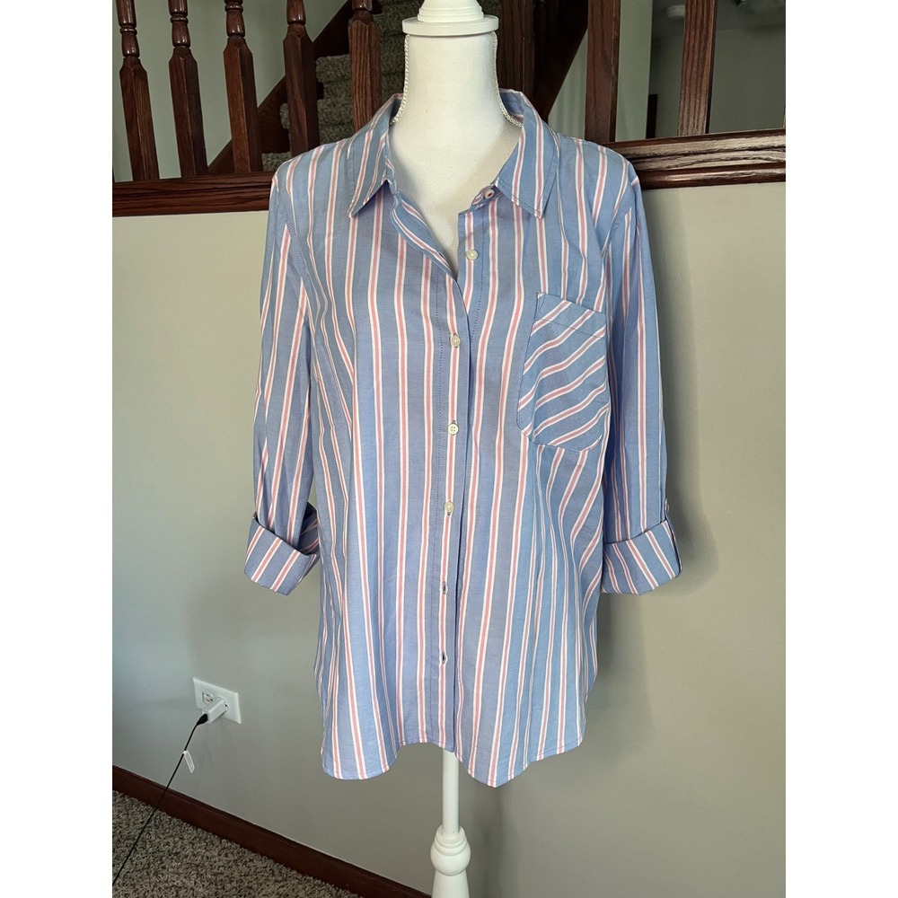 Nautica Jeans Womens XL Blue Pink Striped Button Down Shirt Cotton Viscose Blend